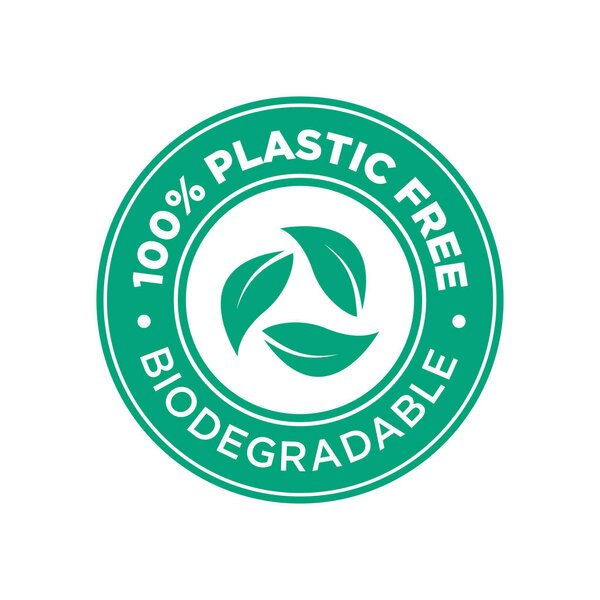 100% Pastic free. Biodegradable icon. Round and green symbol.