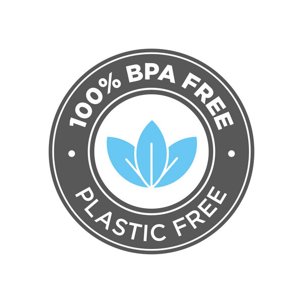 100% BPA free. 100% Plastic free icon. Round blue and black symbol.