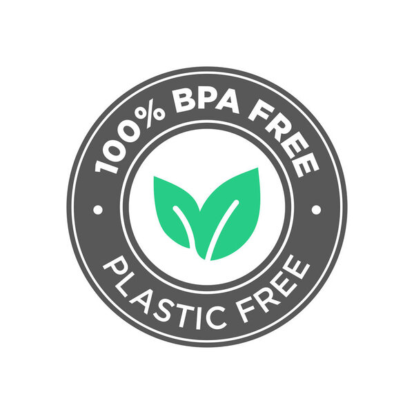 100% BPA free. 100% Plastic free icon. Round green and black symbol.