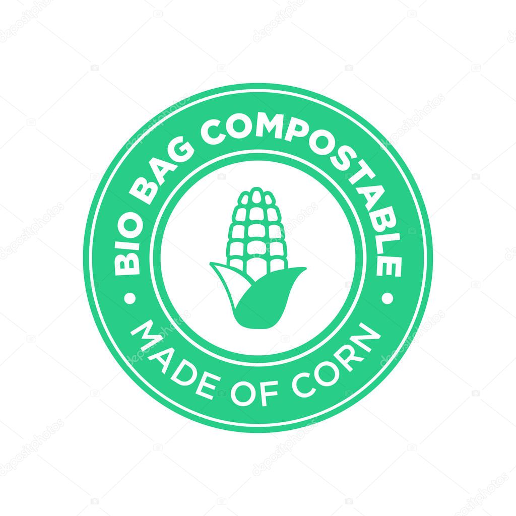 Bio Bag Compostable made of corn. Round and green symbol.