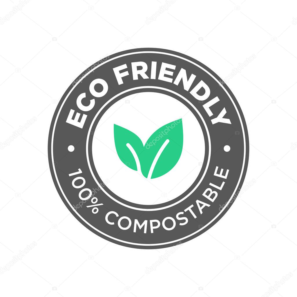 Eco Friendly. 100% Compostable icon. Round green and black symbol.