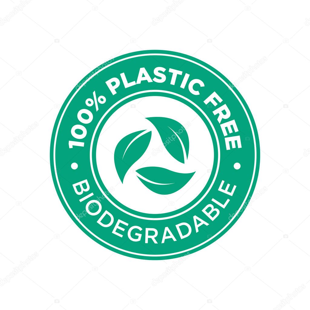 100% Pastic free. Biodegradable icon. Round and green symbol.