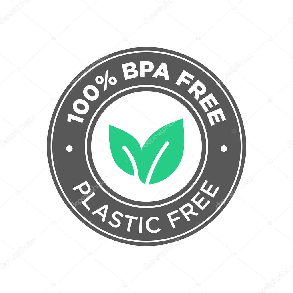 100% BPA free. 100% Plastic free icon. Round green and black symbol.