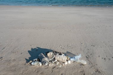 Okyanus çöplerinden yapılmış plaj kumu üzerinde yatan balık şekli. Plastik kirlilik kavramı.