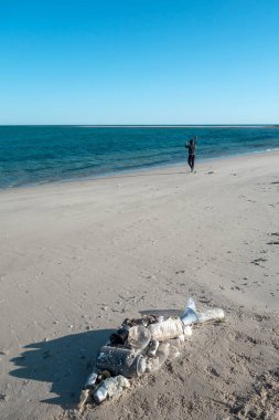 Okyanus çöplerinden yapılmış plaj kumu üzerinde yatan balık şekli. Plastik kirlilik kavramı.