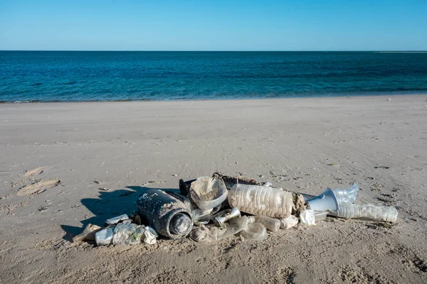 Okyanus çöplerinden yapılmış plaj kumu üzerinde yatan balık şekli. Plastik kirlilik kavramı.