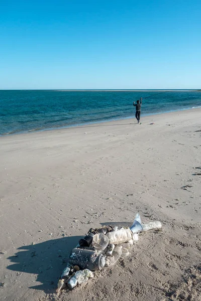 Okyanus çöplerinden yapılmış plaj kumu üzerinde yatan balık şekli. Plastik kirlilik kavramı.