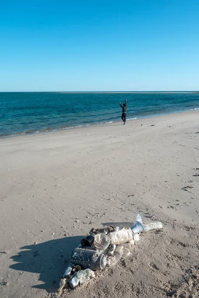 Okyanus çöplerinden yapılmış plaj kumu üzerinde yatan balık şekli. Plastik kirlilik kavramı.