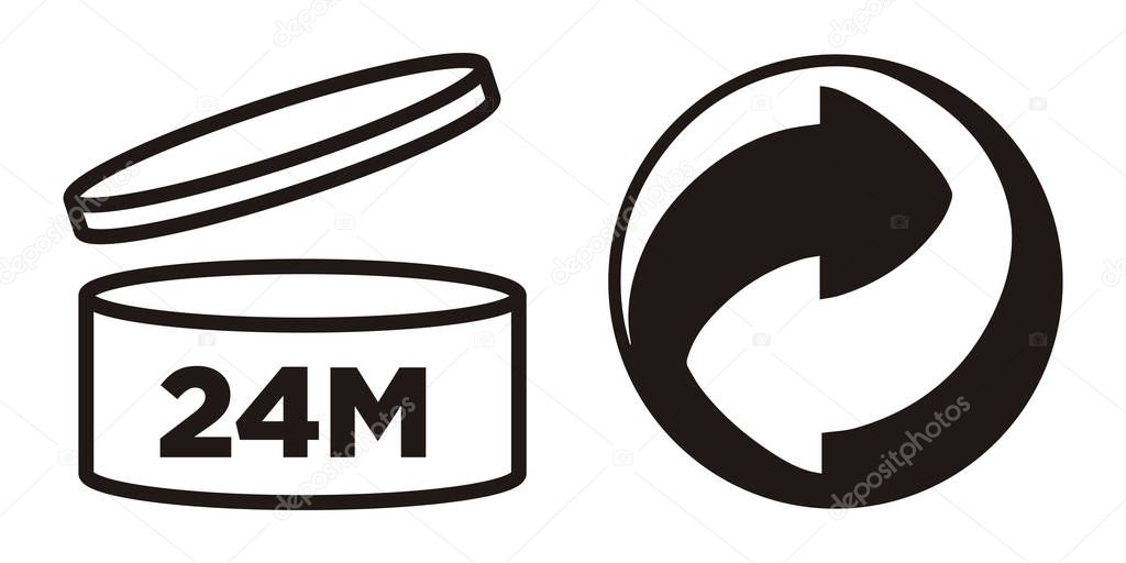 24M Period after opening (PAO symbol) and Recycling symbol for cosmetics packaging.