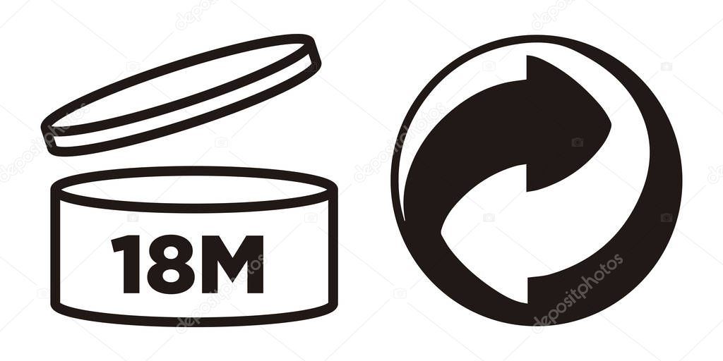 18M Period after opening (PAO symbol) and Recycling symbol for cosmetics packaging.