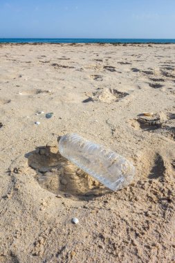 Kum kumundaki plastik şişe. Okyanuslar kavramının plastik kirliliği.