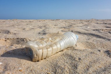 Kum kumundaki plastik şişe. Okyanuslar kavramının plastik kirliliği.