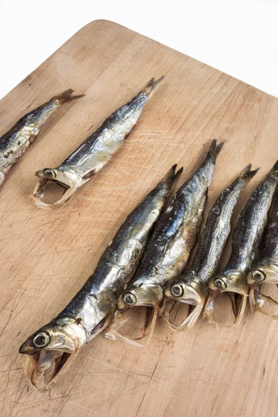 Dried Anchovies Engraulis Encrasicolus Wooden Board Typical Appetizer — Stock Photo, Image