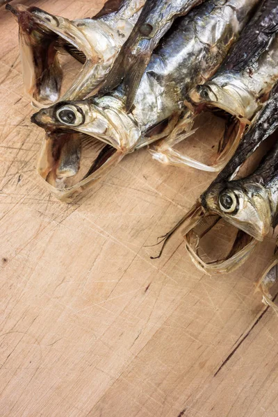 Close Dried Anchovies Engraulis Encrasicolus Wooden Board Typical Appetizer — Stock Photo, Image