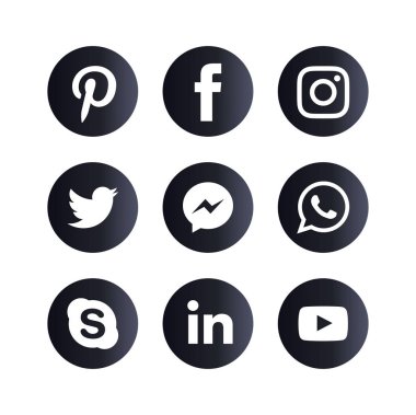 Bir dizi popüler sosyal medya ikonu. Instagram, Facebook, Twitter, Youtube, Whatsapp, Linkedin, Pinterest Skype ve Messenger simgeleri.