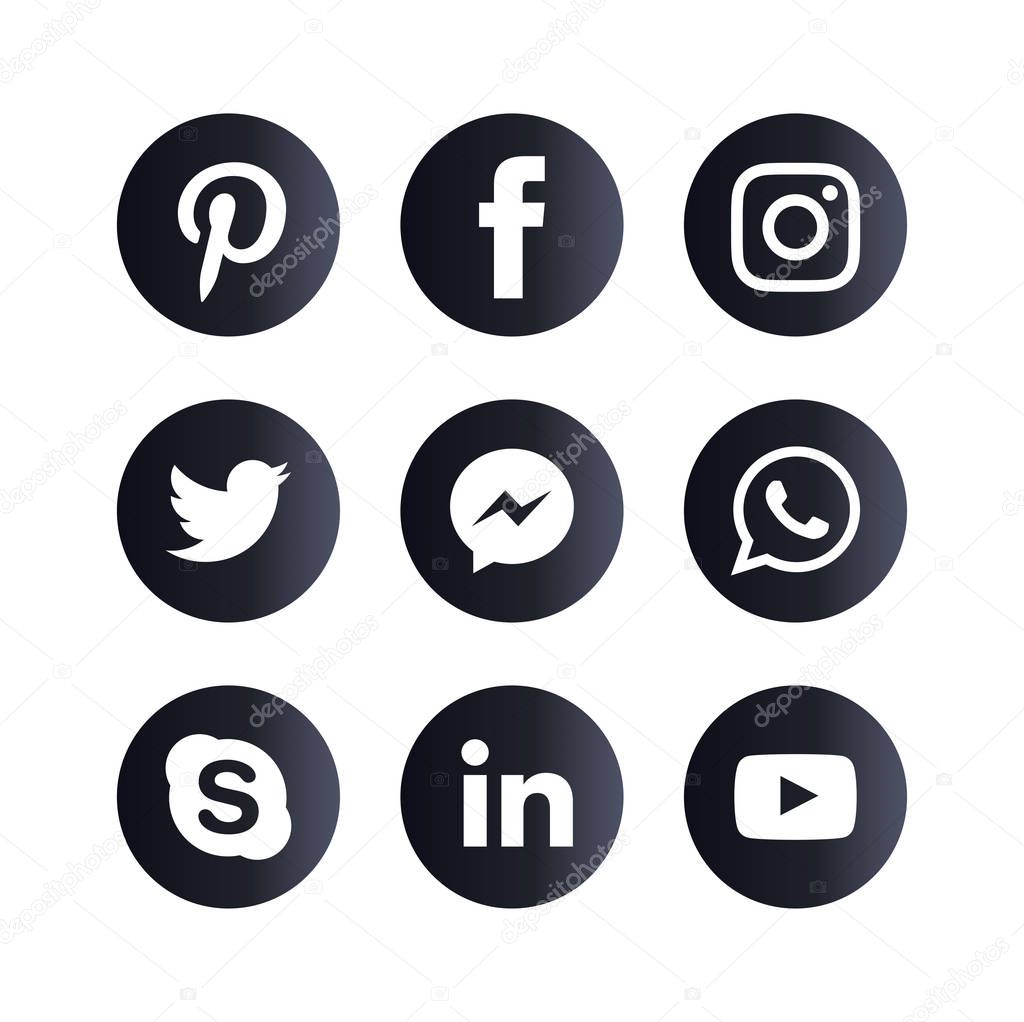 Set of popular social media icons. Instagram, Facebook, Twitter, Youtube, WhatsApp, LinkedIn, Pinterest Skype and Messenger icons.