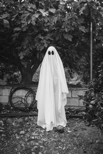 Fantôme Couvert Drap Fantôme Blanc Sur Une Forêt Concept Halloween — Photo