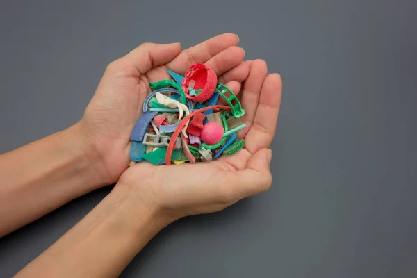 Hands Full Microplastics Collected Beach Plastic Pollution Concept — Stock Photo, Image