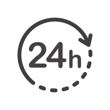 24 saat simgesi. Beyaz arka planda siyah düz vektör çizimi.