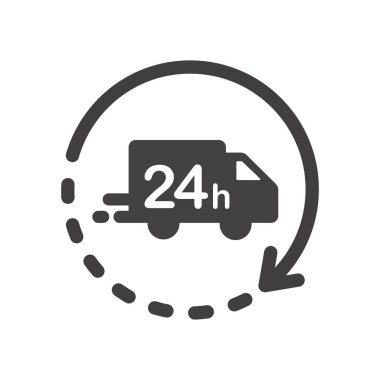 24 saat içinde teslimat ikonu. Beyaz zemin üzerinde siyah ile düz vektör illüstrasyonu.