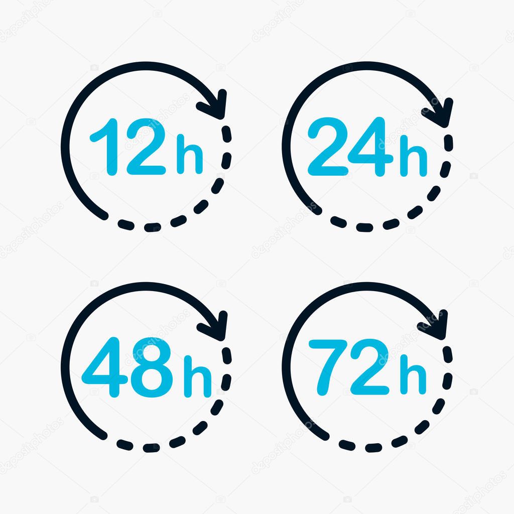 Delivery in 12, 24, 48 and 72 hours icon set. Shipping Flat vector illustration.