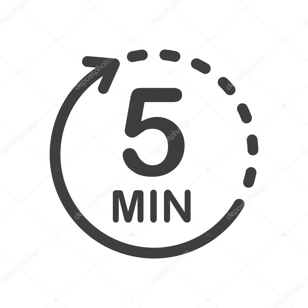 Five minutes icon. Symbol for product labels. Different uses such as cooking time, cosmetic or chemical application time, waiting time ...