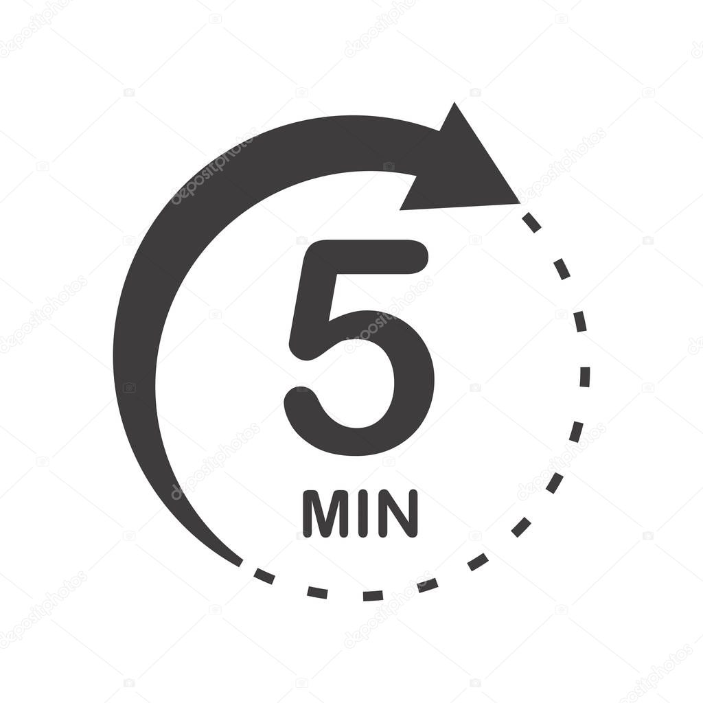 Five minutes icon. Symbol for product labels. Different uses such as cooking time, cosmetic or chemical application time, waiting time ...