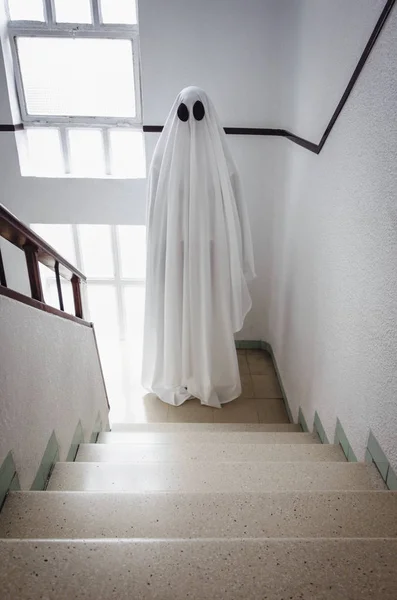 Ghost Covered White Ghost Sheet Stairs Abandoned Psychiatric Hospital Halloween — Stock Photo, Image