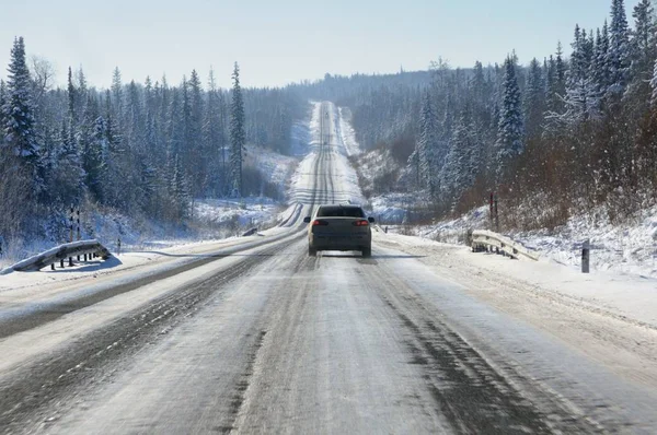 Winter Landscape Icy Tarmac Road Smooth Hills Covered Snowy Forest — Stock Photo, Image