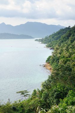 Tropikal peyzaj taş kıyı şeridi, Hindistan cevizi palmiye ağaçları, yağmur ormanları, tropikal deniz ve dağlar tropikal Koh Chang Adası Tayland Trat eyaleti ile havadan görünümü