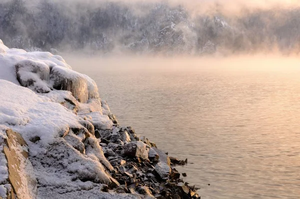 Winter Cold Foggy Dawn Yenisei River Krasnoyarsk Siberia Russia — Stock Photo, Image