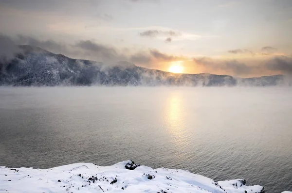 Зима Холодна Туманний Світанок Інвалід Поблизу Красноярськ Сибіру Росія Стокове Фото