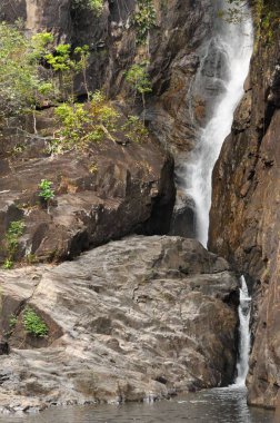 Yağmur ormanlarında tropikal şelale. Khlong Phlu Şelalesi Koh Chang Adası üzerinde, Tayland.
