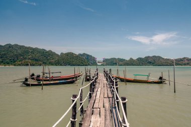 Tayland 'ın Nakhon Si Thammarat bölgesindeki Talet körfezinde tahta iskele ve Tayland uzun kuyruklu tekneleri..