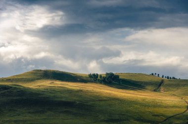 Khakassia, Sibirya, Rusya'da gün batımında muhteşem bulutlar gökyüzü altında bozkırda ağaçlarla kaplı çim tepeler.