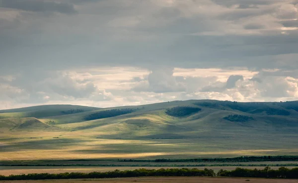 Grass Dombok Borított Fák Sztyepp Alatt Látványos Felhők Naplementekor Khakassia — Stock Fotó