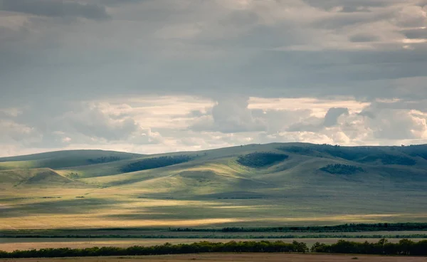 Erba Colline Coperte Alberi Steppa Sotto Spettacolari Nuvole Cielo Durante — Foto Stock