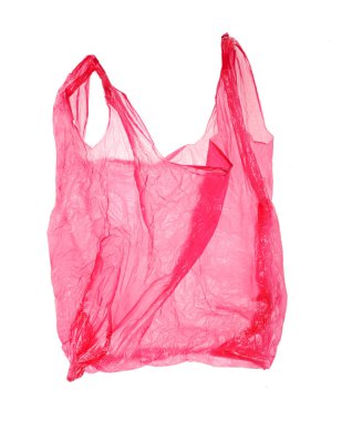 Beyaz arka planda kırmızı-pembe plastik torba. Izole