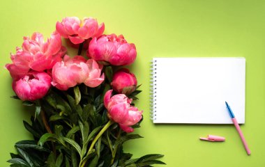 Çiçekli kartpostal. Pembe şakayıklar. Parlak yeşil arka plan. Etiket için yer. Yeşil arkaplan