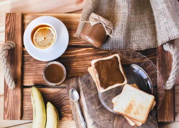 Flatley Pindakaas Met Bananen Croutons Gezonde Voeding Goede Voeding Gezonde — Stockfoto