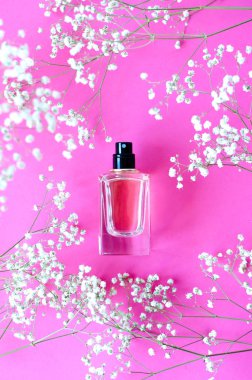 Parfüm pembe bir arka plan üzerinde bir kavanoz ile canlı gypsophila birçok twigs.