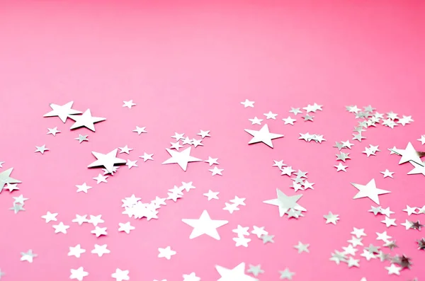 Viele Funkelnde Silberne Sterne Verschiedenen Größen Auf Rosa Hintergrund — Stockfoto