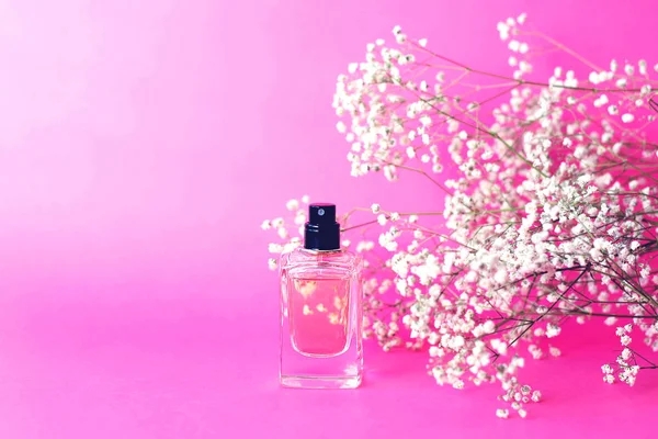 Słoik Perfum Różowym Tle Wielu Gałązek Żywo Gipsówki — Zdjęcie stockowe