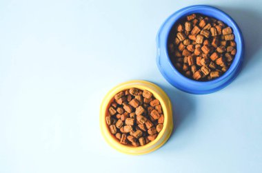 Sarı ve mavi bir yaban mersini zemin üzerine evde beslenen hayvan yiyecek ile iki derin tabak.