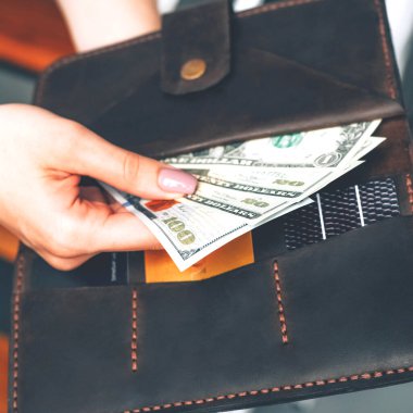 Kadın ellerinde dolar banknotları olan cüzdan. Bütçe. Ekonomik kriz.