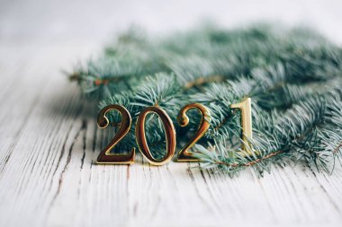 Çelenkli bir Noel ağacı dalı ve yeni yıl 2021. Noel arkaplanı.