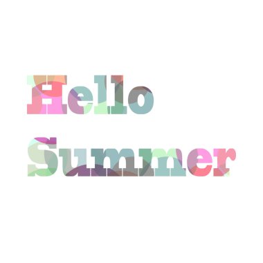 Yumuşak pastel yazı Merhaba Yaz beyaz bir arka plan üzerinde. Harflerin içindeki resmin olduğu metin.