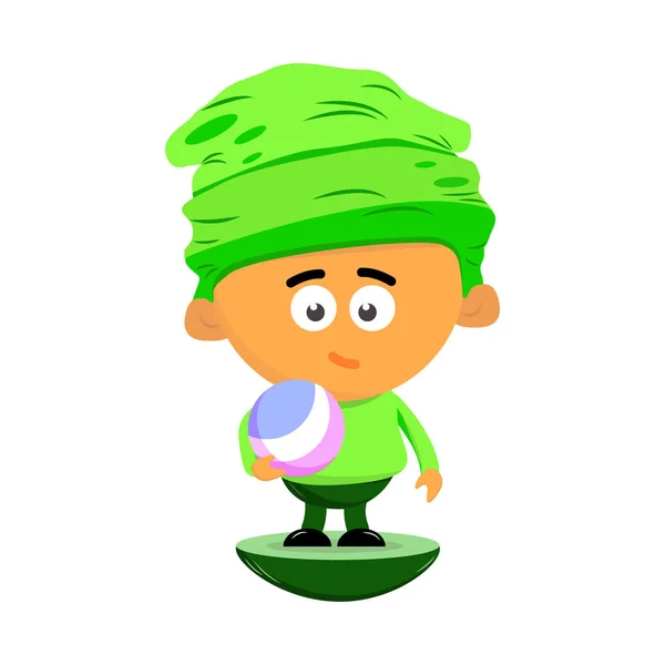 Carino personaggio dei cartoni animati di un bambino in un grande cappello sta tenendo una palla in mano. Vettore piatto . — Vettoriale Stock