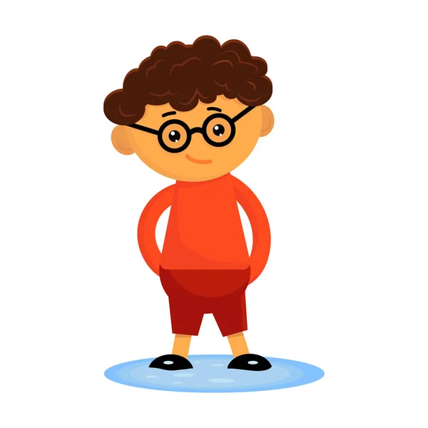 Bonito menino encaracolado em um óculos de pé em uma poça com as mãos atrás das costas. Ilustração vetorial plana . — Vetor de Stock