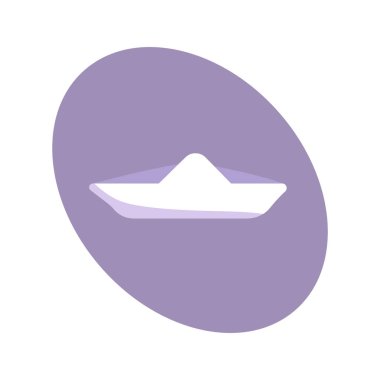 Mor oval arka planda beyaz düz kağıt tekne simgesi.